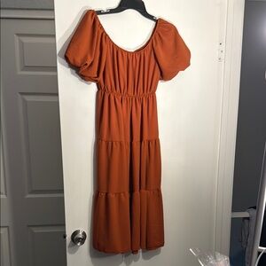 See You Monday Orange Ruched Smocked Midi Sundress